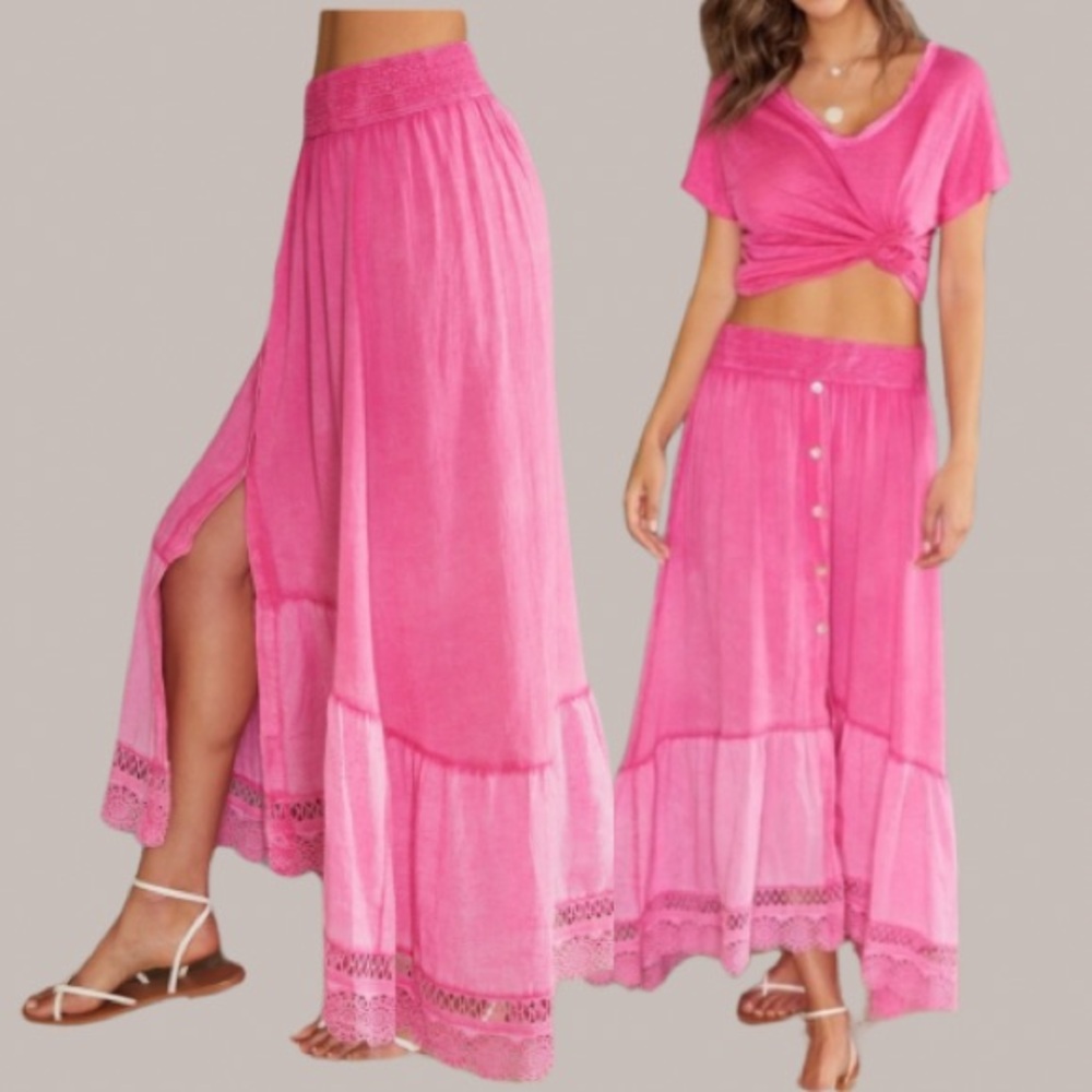 NEW BOHEMIAN BRAIDED ELASTIC WAIST LINEN COTTON PINK MAXI SKIRT - Picture 7 of 7